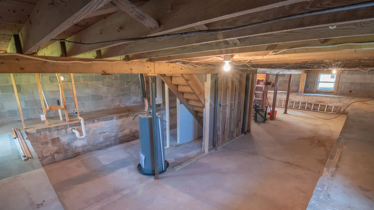 Unfinished basement of an older home with utilities and a floor drain
