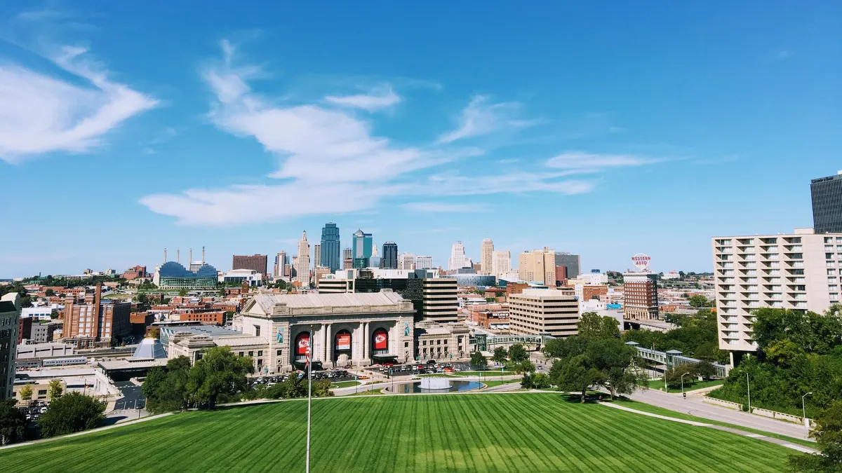 Kansas City skyline with Union Station in the foreground on a clear day